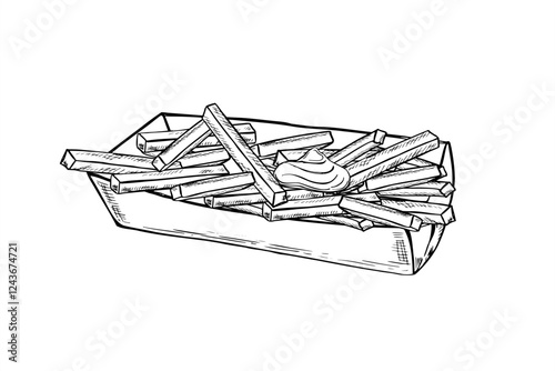 French fries in cardboard rectangular box line art black ink sketch. Monochrome hand drawn bunch of fried potato sticks in craft paper. Takeaway fast food illustration for menu design and package.