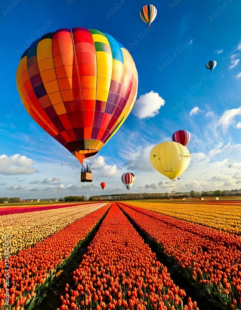 Fototapeta premium hot air balloons soaring over a vibrant tulip field 