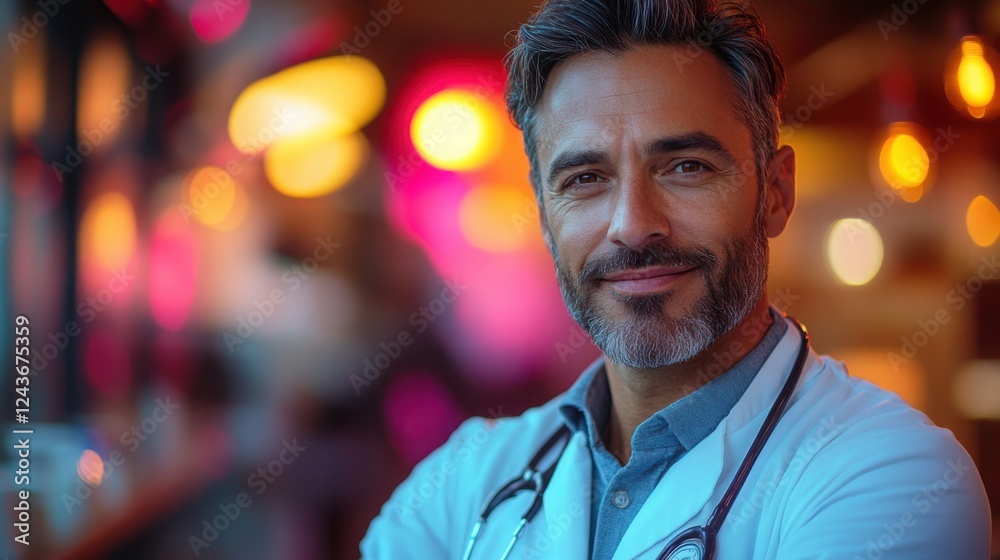 Fototapeta premium Confident doctor stands poised, radiating professionalism and trust in a glowing, soft-lit setting.