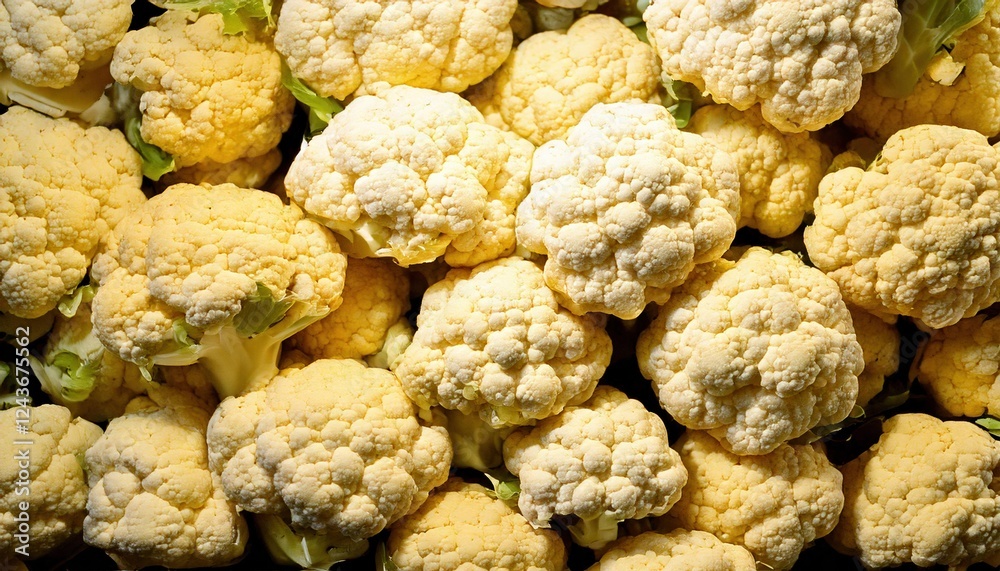 Fresh cauliflower heads arranged neatly in a vibrant marketplace Fresh cauliflower heads arranged neatly in a vibrant marketplace