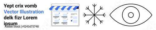 Online store interface with awning icon, snowflake pattern, and eye symbol besides sample text. Ideal for e-commerce design, website development, winter sale themes, visual identity, marketing