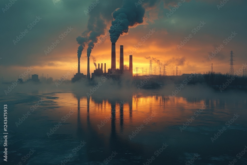 A sprawling oil refinery with illuminated pipelines and chimneys. Sunset sky with orange and purple hues, river below. A sprawling oil refinery with illuminated pipelines and chimneys. Sunset sky with orange and purple hues, river below.