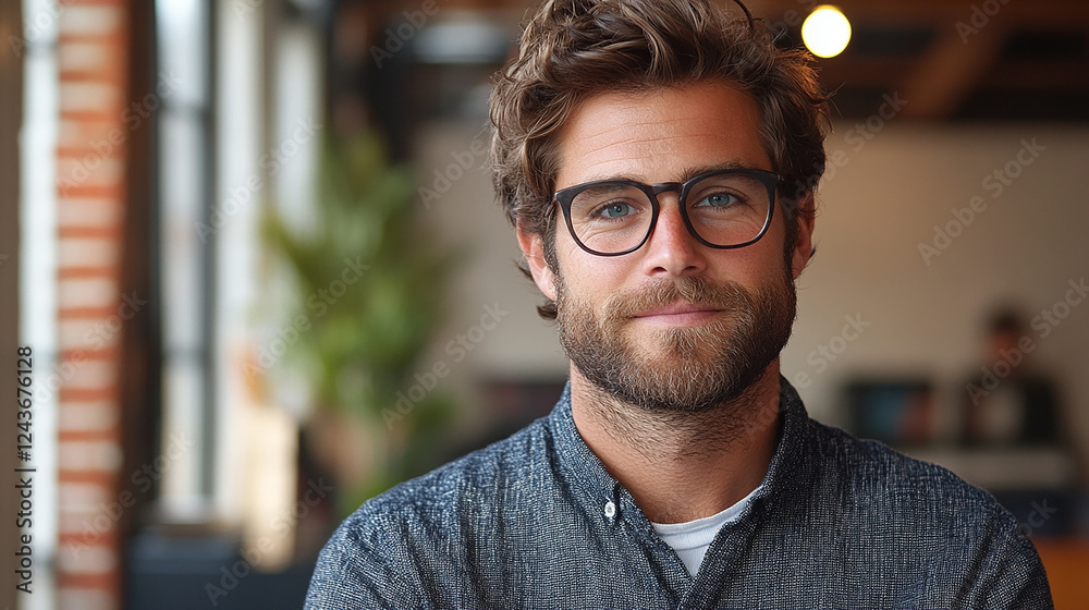 Naklejka premium Confident Professional: A handsome young man with a beard and glasses confidently looks at the camera. His relaxed posture and thoughtful gaze radiate intelligence and success.