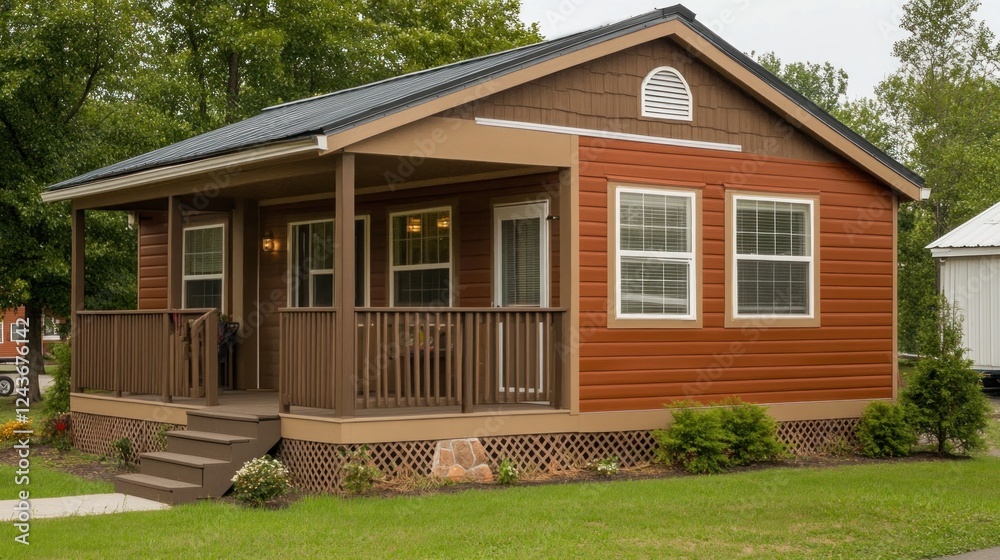 A charming brown house with a porch, surrounded by greenery.