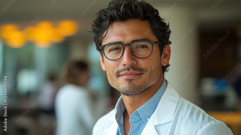 Obraz premium Confident doctor stands poised, radiating professionalism and trust in a glowing, soft-lit setting.