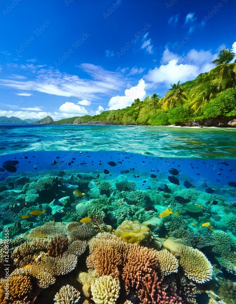 Naklejka premium clear lagoon with tropical fish and coral 