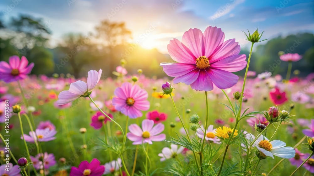 Sunny fields of Cosmos flowers swaying gently in the breeze, wildflowers Sunny fields of Cosmos flowers swaying gently in the breeze, wildflowers