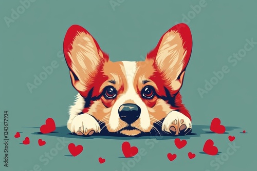 A Welsh corgi lying in the shape of a heart, surrounded by small heart shapes. Romantic Corgi with Hearts Around It