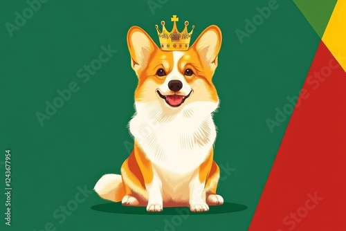 Majestic corgi wearing a golden crown, sitting proudly against a green background. Corgi King Wearing a Royal Crown