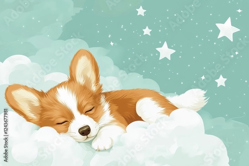 A sleeping Welsh corgi resting peacefully on a fluffy cloud, surrounded by tiny stars. Sleeping Corgi on Fluffy Clouds with Stars