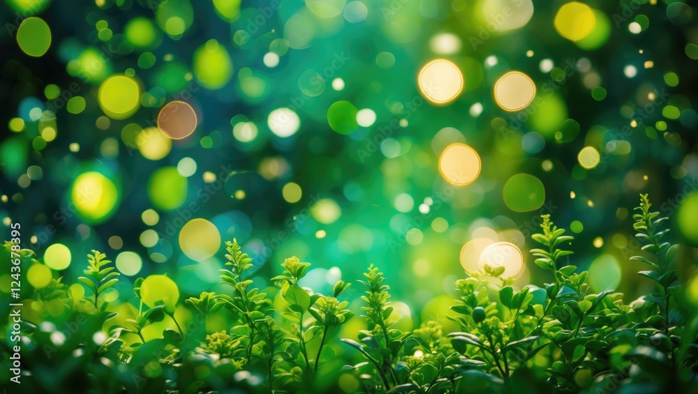 Obraz premium Nature-inspired abstract green bokeh background with soft lights creating a serene and tranquil atmosphere perfect for various design needs.