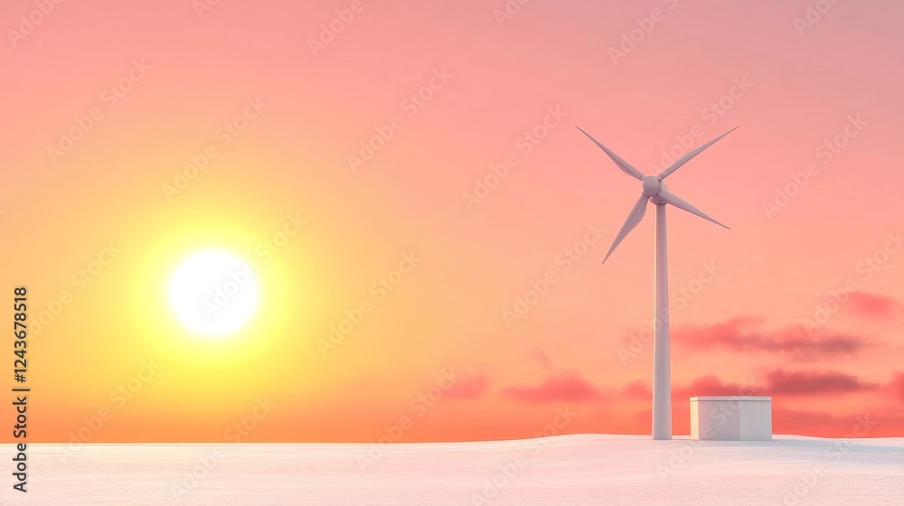 Fototapeta premium Wind Turbine Sunset Serenity - Clean energy, sunset glow, peaceful landscape, sustainable power, renewable resource.