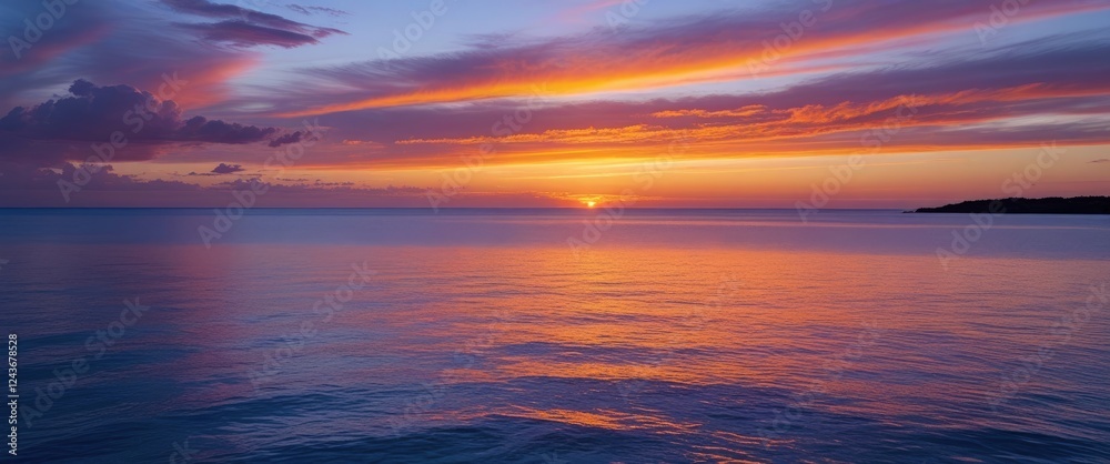 Stunning coastal sunset with vibrant orange and purple hues reflecting in tranquil blue waters, ideal for serene backgrounds and text overlay. Stunning coastal sunset with vibrant orange and purple hues reflecting in tranquil blue waters, ideal for serene backgrounds and text overlay.