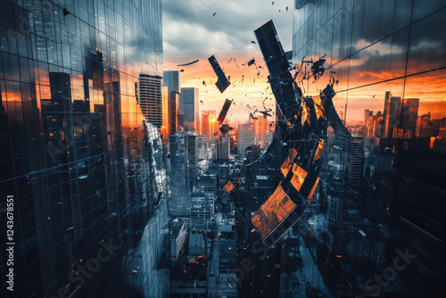 Cracked Glass in an Urban Dystopia Destruction on Skyscrapers