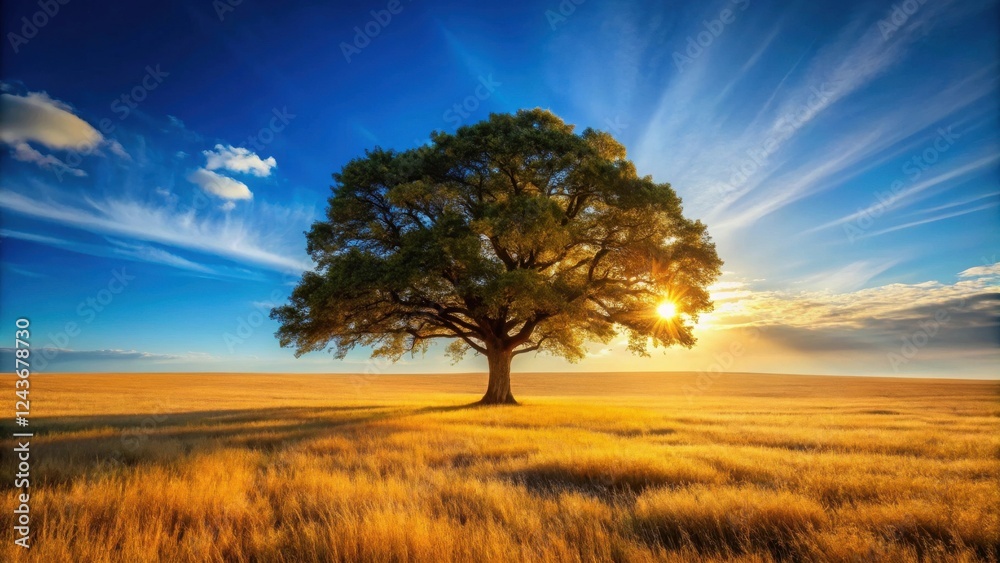Obraz premium Serene Sunset Landscape with a Majestic Solitary Tree in a Golden Field