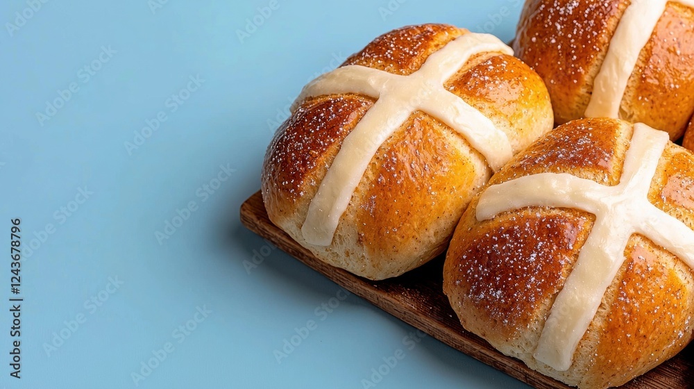 Freshly baked hot cross buns arranged on a wooden plate against a pastel blue background. Perfect for seasonal celebrations or a delightful breakfast treat. Freshly baked hot cross buns arranged on a wooden plate against a pastel blue background. Perfect for seasonal celebrations or a delightful breakfast treat.