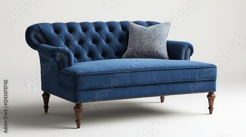 Blue velvet loveseat, tufted, wooden legs, neutral background, home decor.
