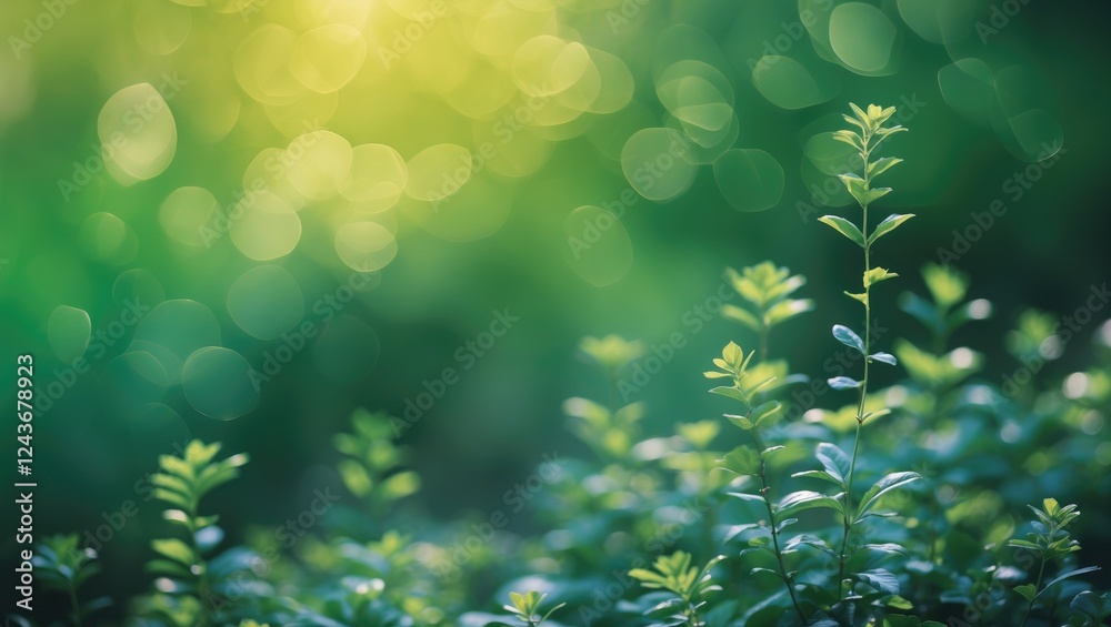 Obraz premium Serene Green Bokeh Background with Soft Light and Lush Foliage Ideal for Nature-Themed Designs and Relaxing Visuals.