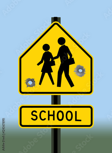 Bullet holes in a school crossing traffic sign illustrates tragic school shootings in the USA in recent years. This is a 3-d illustration.