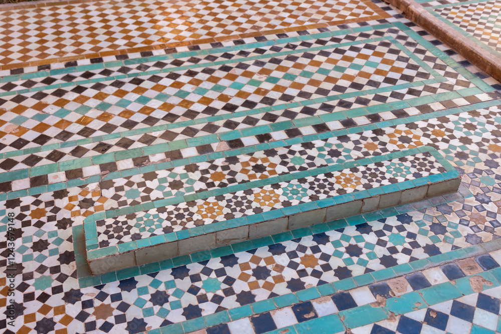 Obraz premium Tombeaux saadiens, the Sadite tombs of Marrakesh date from the time of the great Sadite sultan Ahmed al-Mansur. The mausoleum protects the bodies of sixty sadites.