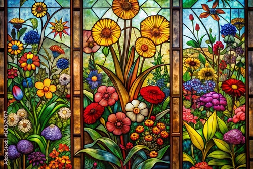 Vintage Stained Glass Wildflower Window,  Floral Art Deco Design,  Beautiful Botanical Illustration