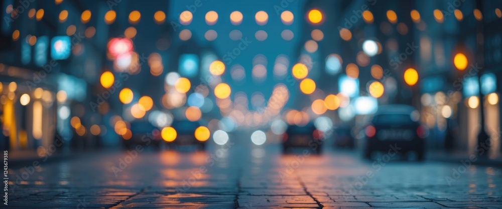 Fototapeta premium Blurred Night Street Scene with Defocused Urban Lights and Soft Reflections on Wet Pavement