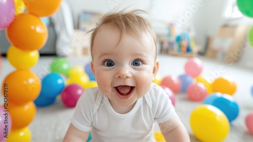 Happy baby playing with colorful balls in playroom