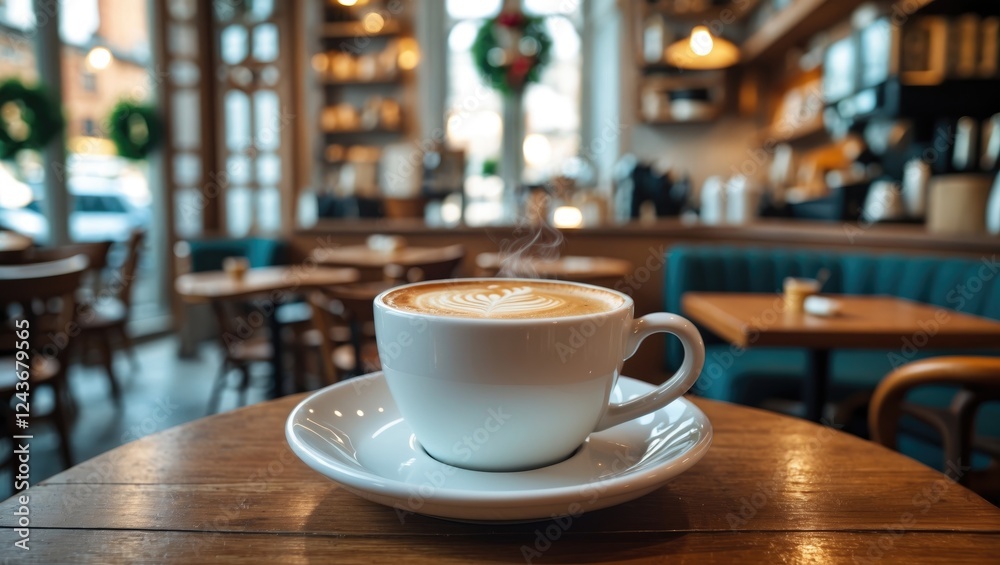 Coffee cup with latte art on wooden table in cozy cafe decorated for holidays with warm ambiance and soft focus background. Coffee cup with latte art on wooden table in cozy cafe decorated for holidays with warm ambiance and soft focus background.