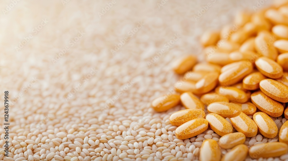 Fototapeta premium Closeup of individual vitamin tablets balanced atop whole grain rice grains, symbolizing equilibrium in nutrition