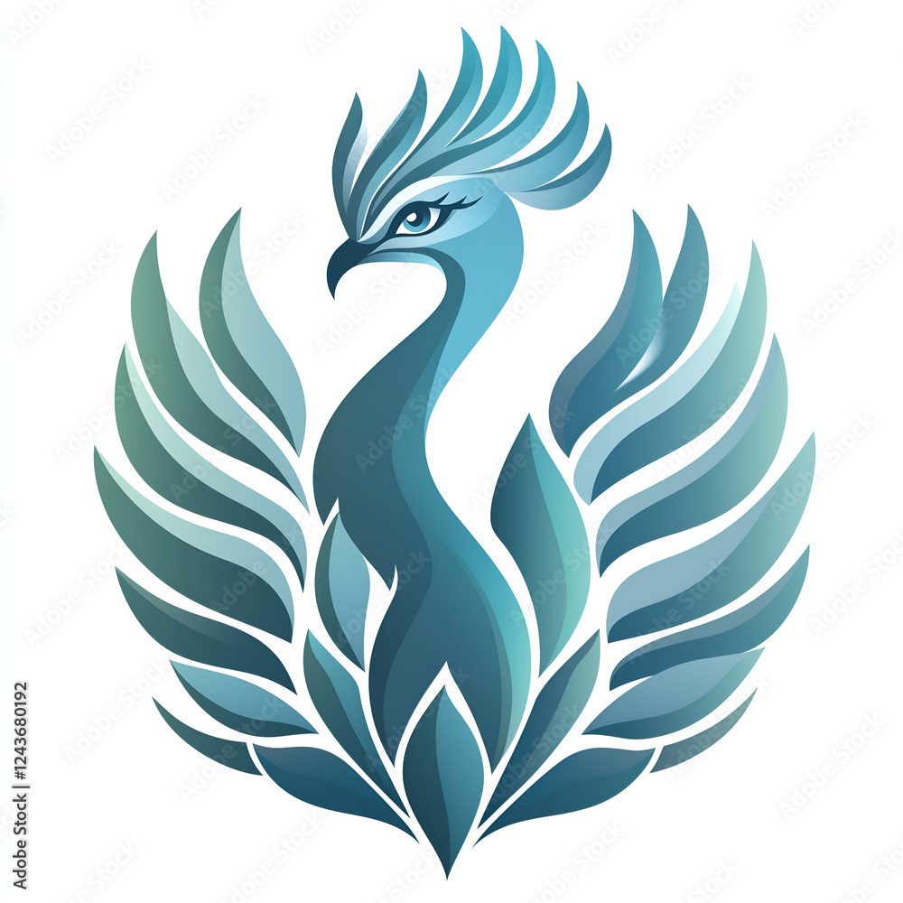 Obraz premium isolated, modern illustration of a stylized phoenix, featuring a gradient of cool blue tones. Perfect for logos, inspirational themes, or contemporary designs symbolizing rebirth and strength.