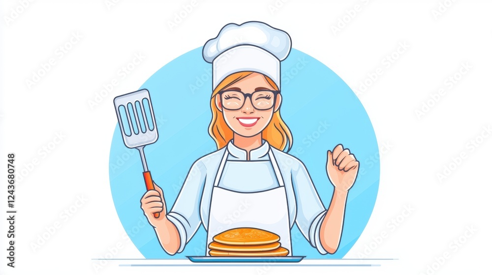 A cheerful chef holding a spatula and proudly displaying a stack of pancakes A cheerful chef holding a spatula and proudly displaying a stack of pancakes