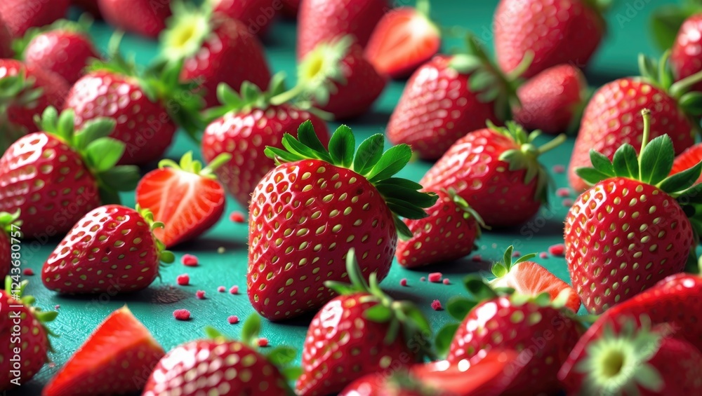 Freshly Gathered Strawberries on Green Background Perfect for Healthy Vegan Food Concepts and Culinary Photography