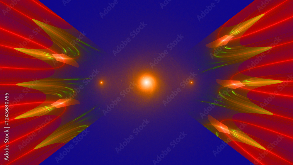 Sfondo blu con spirale di luce al centro e forme colorate laterali