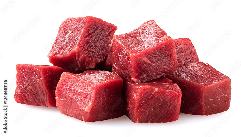 四角くカットした赤身の牛肉。白背景。(Pile of beef cubes on white background.)
四角くカットした赤身の牛肉。白背景。(Pile of beef cubes on white background.)