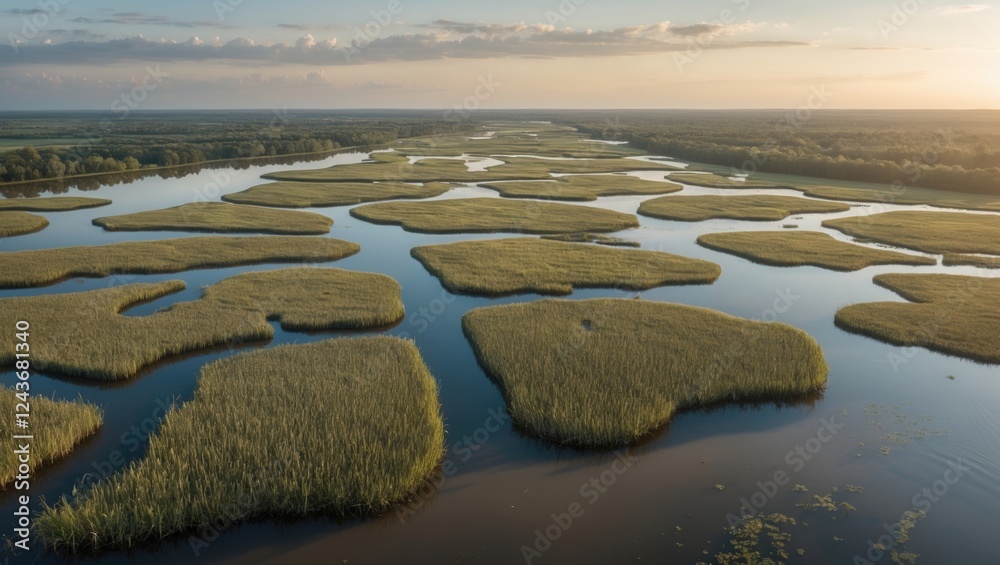 Fototapeta premium Aerial view of lush marshland with winding waterways and vibrant green vegetation under a serene sky at sunset
