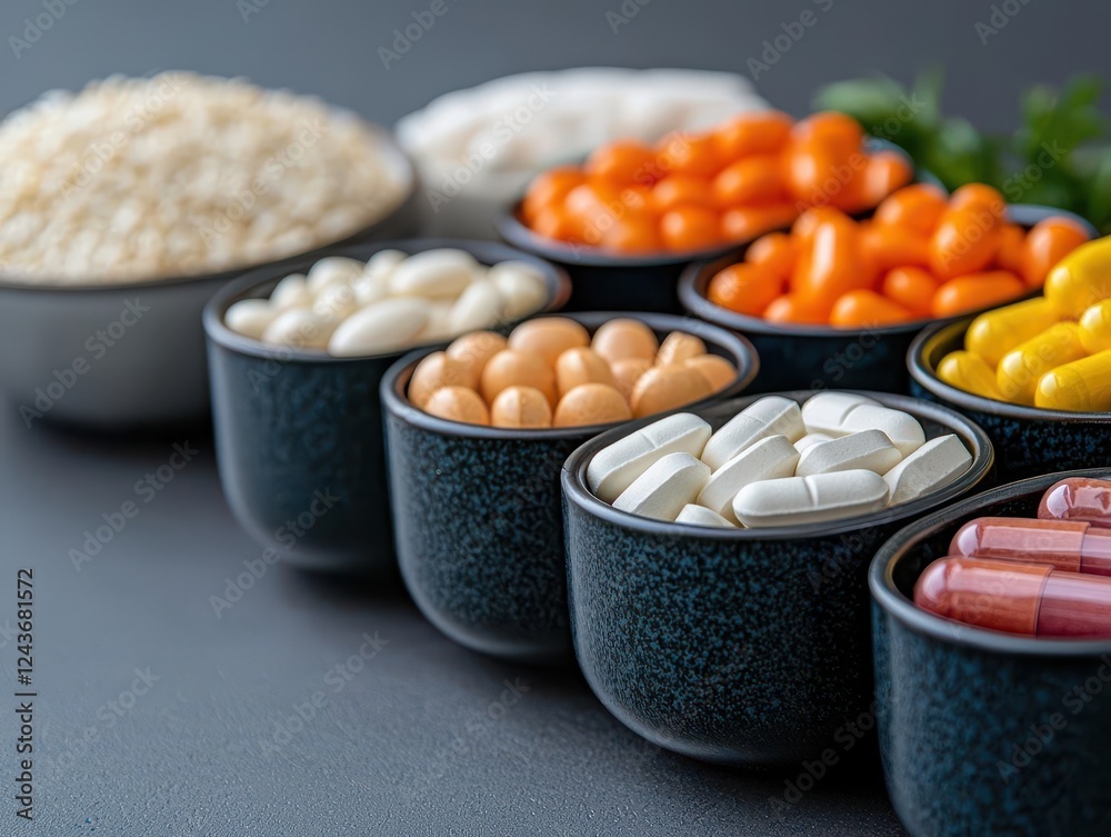 Wellness concept featuring a pill organizer filled with vitamins, placed next to whole grain dishes Wellness concept featuring a pill organizer filled with vitamins, placed next to whole grain dishes