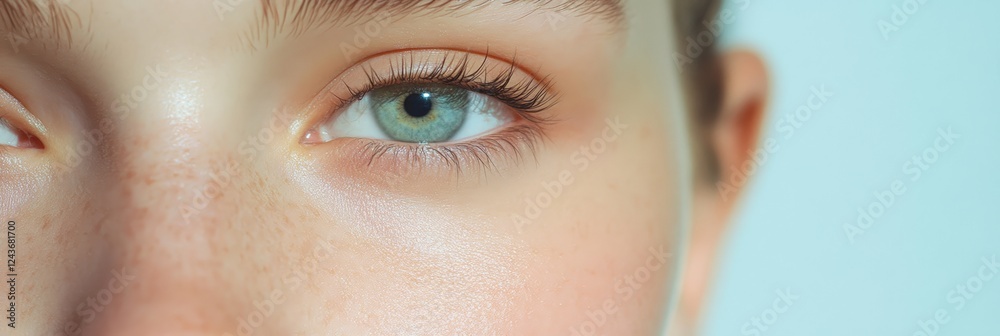 Naklejka premium Close up of a female face highlighting a captivating green eye, showcasing long eyelashes and healthy skin, emphasizing natural beauty and potential benefits of cosmetic procedures or vision care