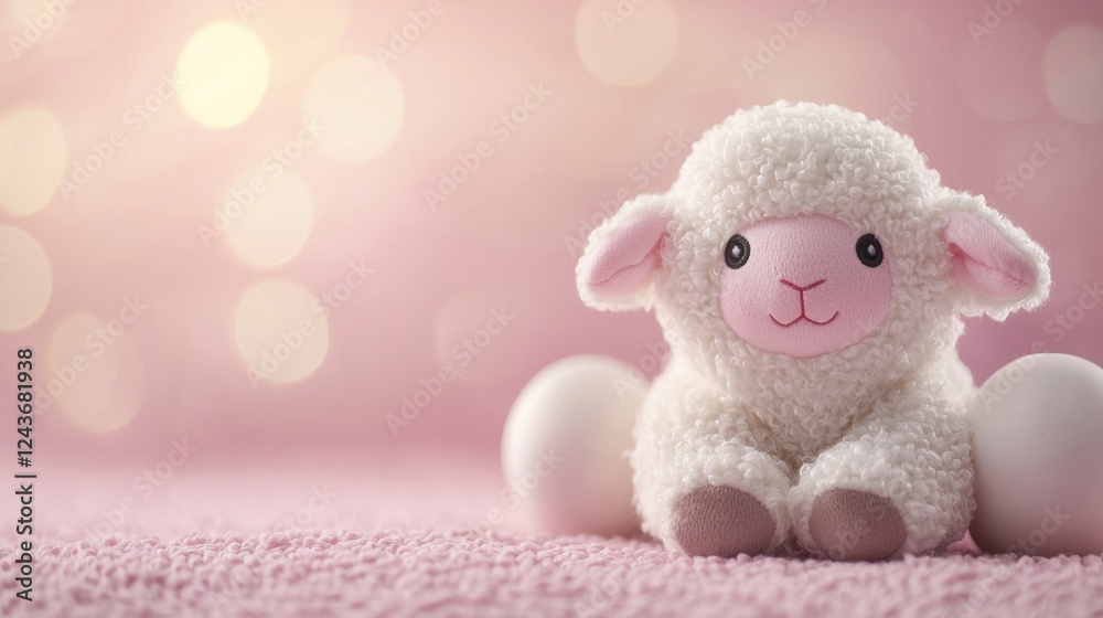 Fototapeta premium A cute and fluffy sheep soft toy sits among decorated Easter eggs, set against a soft pink background. Perfect for celebrating spring and festive occasions with charm and joy.