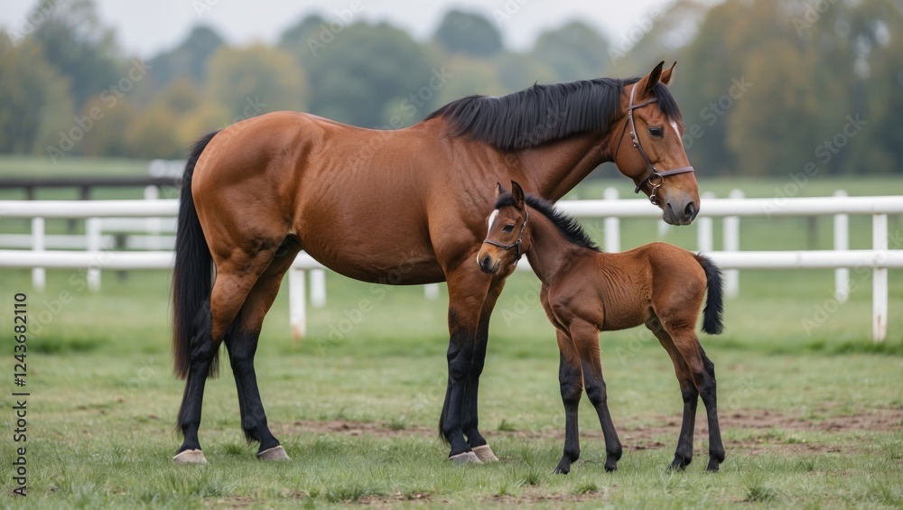 Suffolk Punch mare stands beside her young foal in a lush green field with ample space for text overlay and natural surroundings. Suffolk Punch mare stands beside her young foal in a lush green field with ample space for text overlay and natural surroundings.