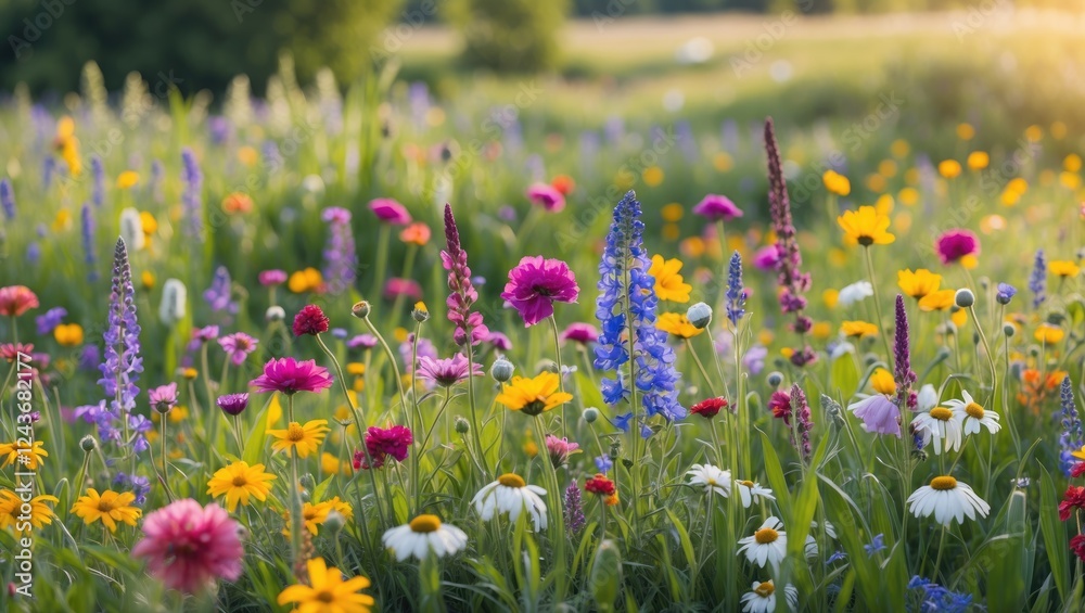 Vibrant Floral Meadow Bathed In Soft Light Showcasing A Rich Tapestry Of Colorful Wildflowers In Nature's Serene Landscape