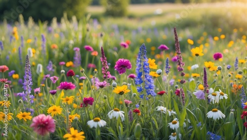 Obraz na płótnie Vibrant Floral Meadow Bathed In Soft Light Showcasing A Rich Tapestry Of Colorful Wildflowers In Nature's Serene Landscape w salonie