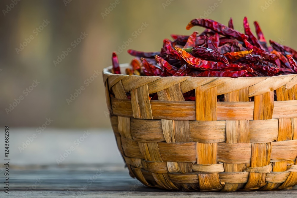 Obraz premium Dried red chilies in a woven basket.