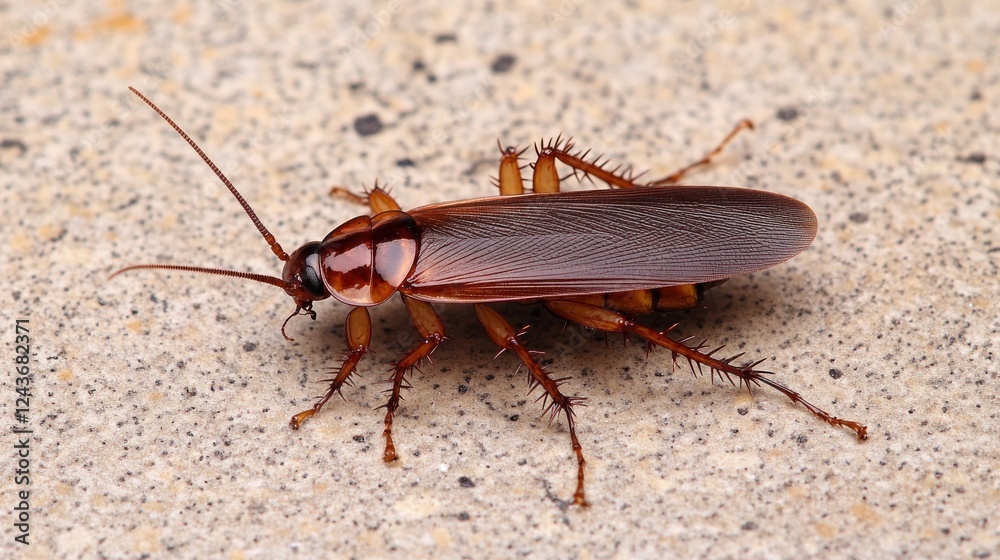 A close-up of a cockroach on a textured surface, showcasing its body details. A close-up of a cockroach on a textured surface, showcasing its body details.