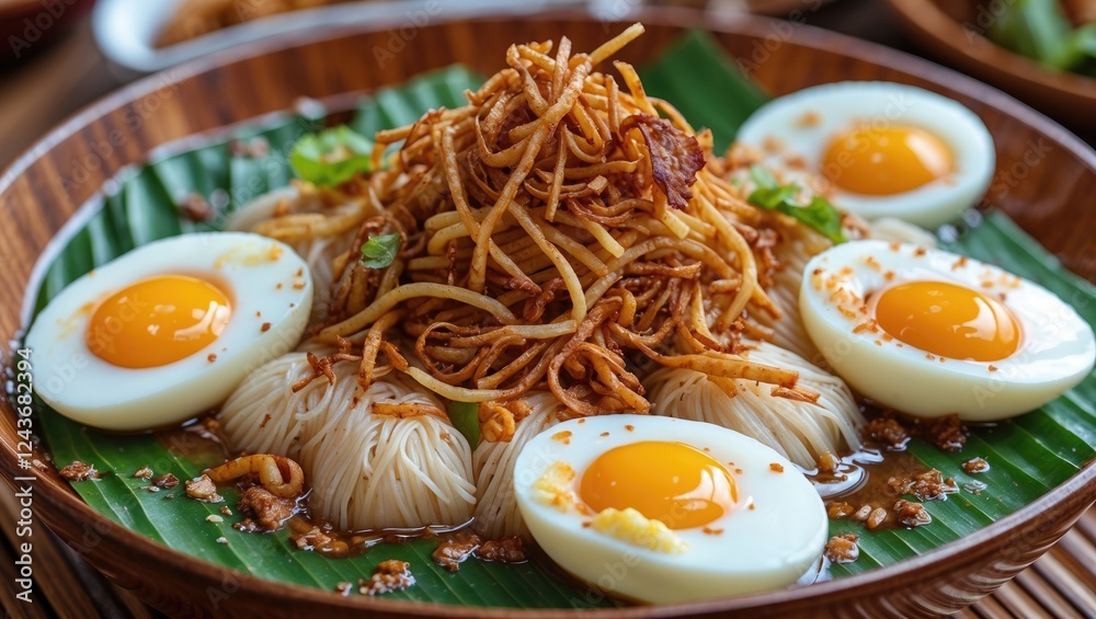 Obraz premium Colorful plate of Padang cuisine featuring lontong gulai topped with crispy fried noodles and split eggs, highlighting rich textures and flavors.
