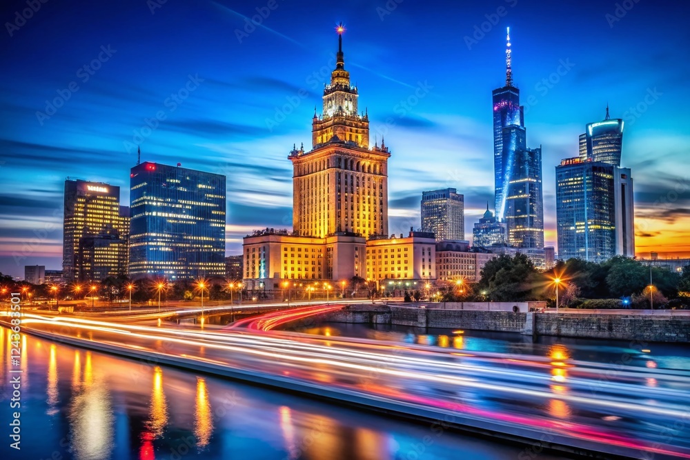 Naklejka premium Warsaw Cityscape at Night - Long Exposure Photography of Iconic Landmarks