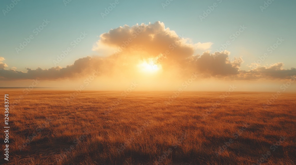 A tranquil landscape disrupted by a distant explosion, blending calm and chaos under soft sunlight.