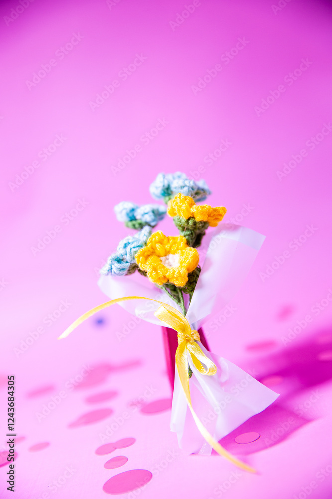 Obraz premium A bouquet of blue and yellow knitted flowers on a beautiful background, knitted flowers, knitted bouquets, handmade, knitted gifts and toys