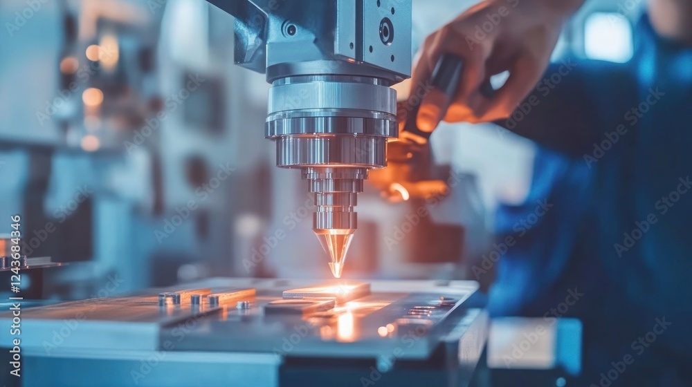 A close-up of a precision machining process with a tool cutting metal. A close-up of a precision machining process with a tool cutting metal.