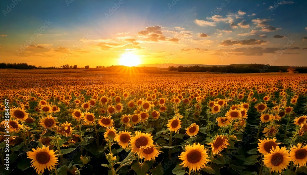 Obraz premium sunset over a vast sunflower field 