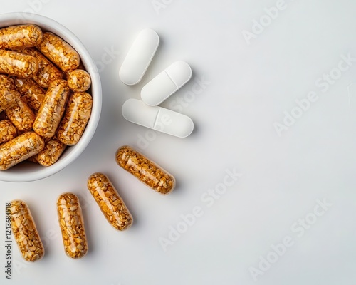 Clean and modern topview shot of vitamin tablets and whole grain granola bars, perfect for diet and healthrelated content photo